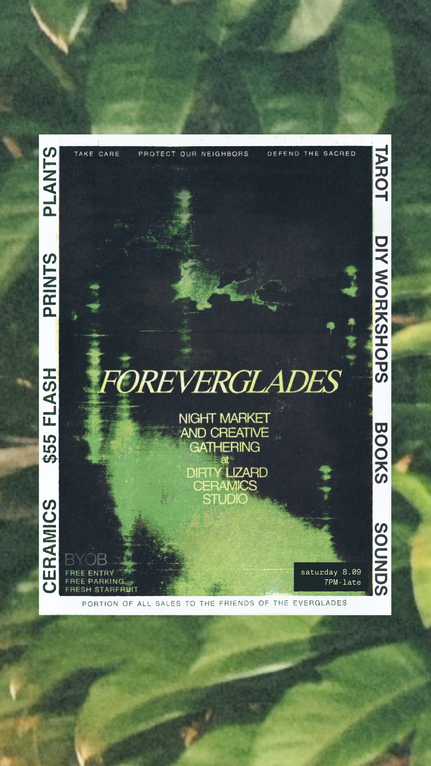 Promotional poster for 'Foreverglades' event with green leafy background
