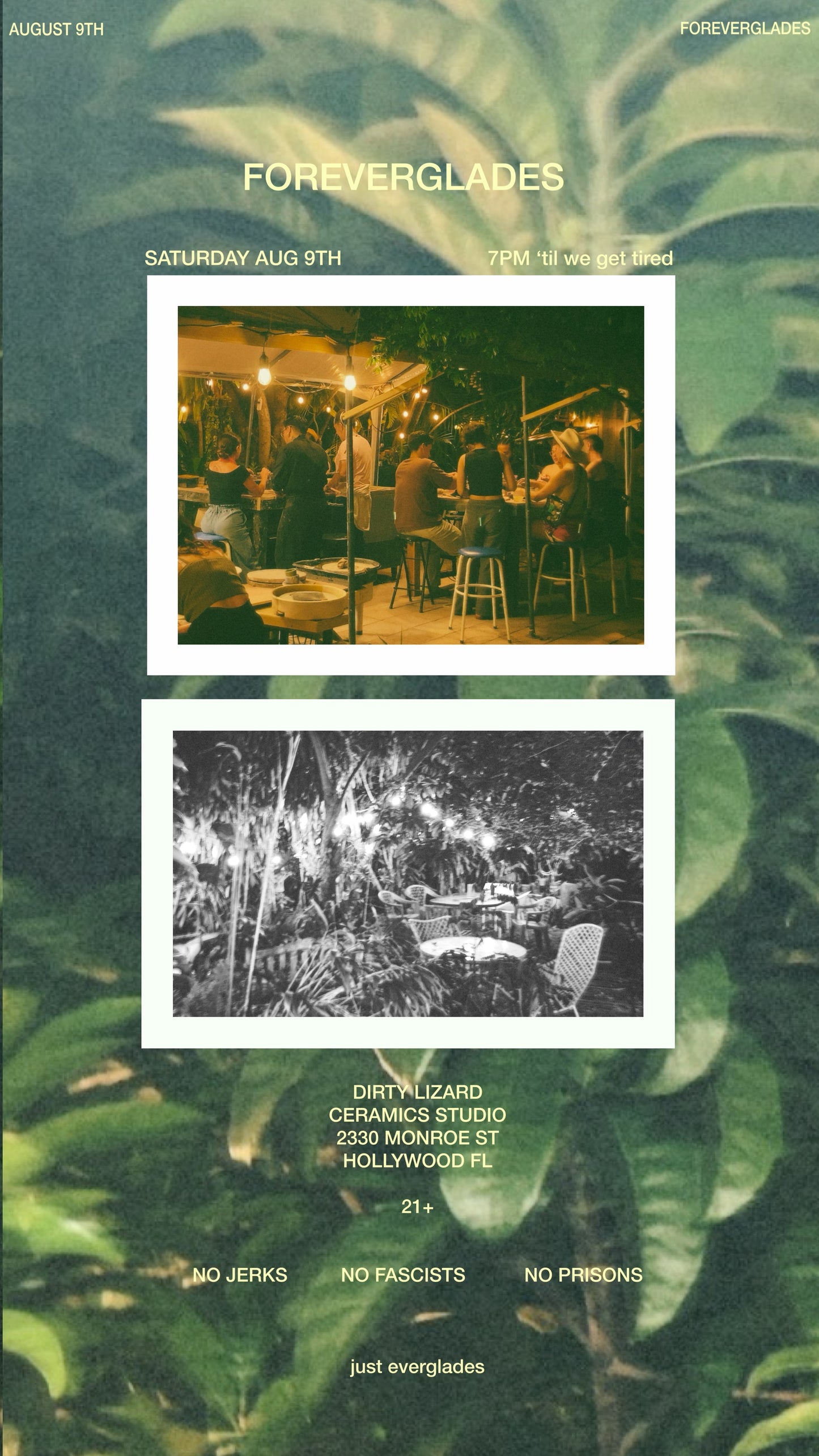 Promotional poster for an event at Foreverglades with images of people and text.